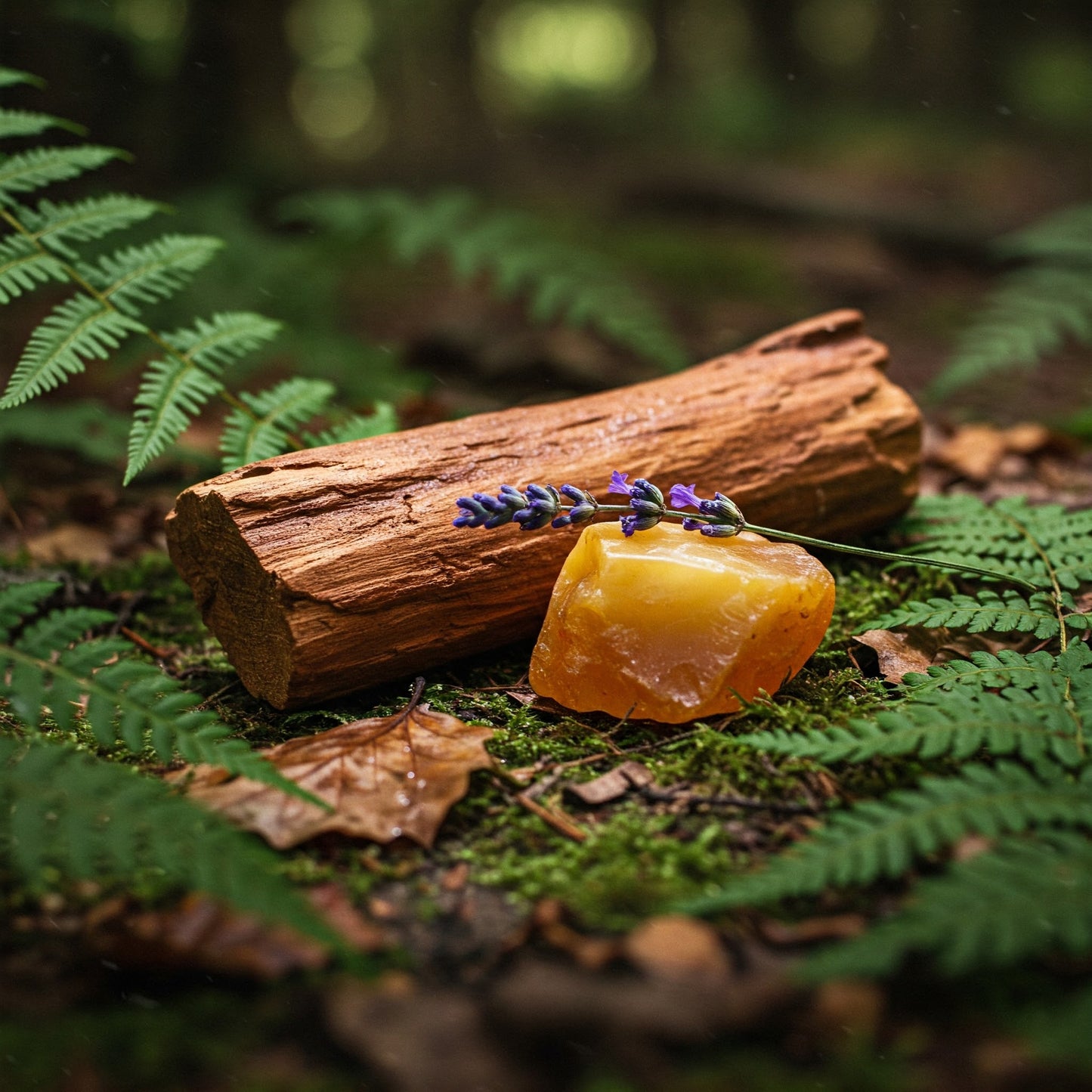 Cedarwood, amber and lavender amidst green ferns in a forest setting.