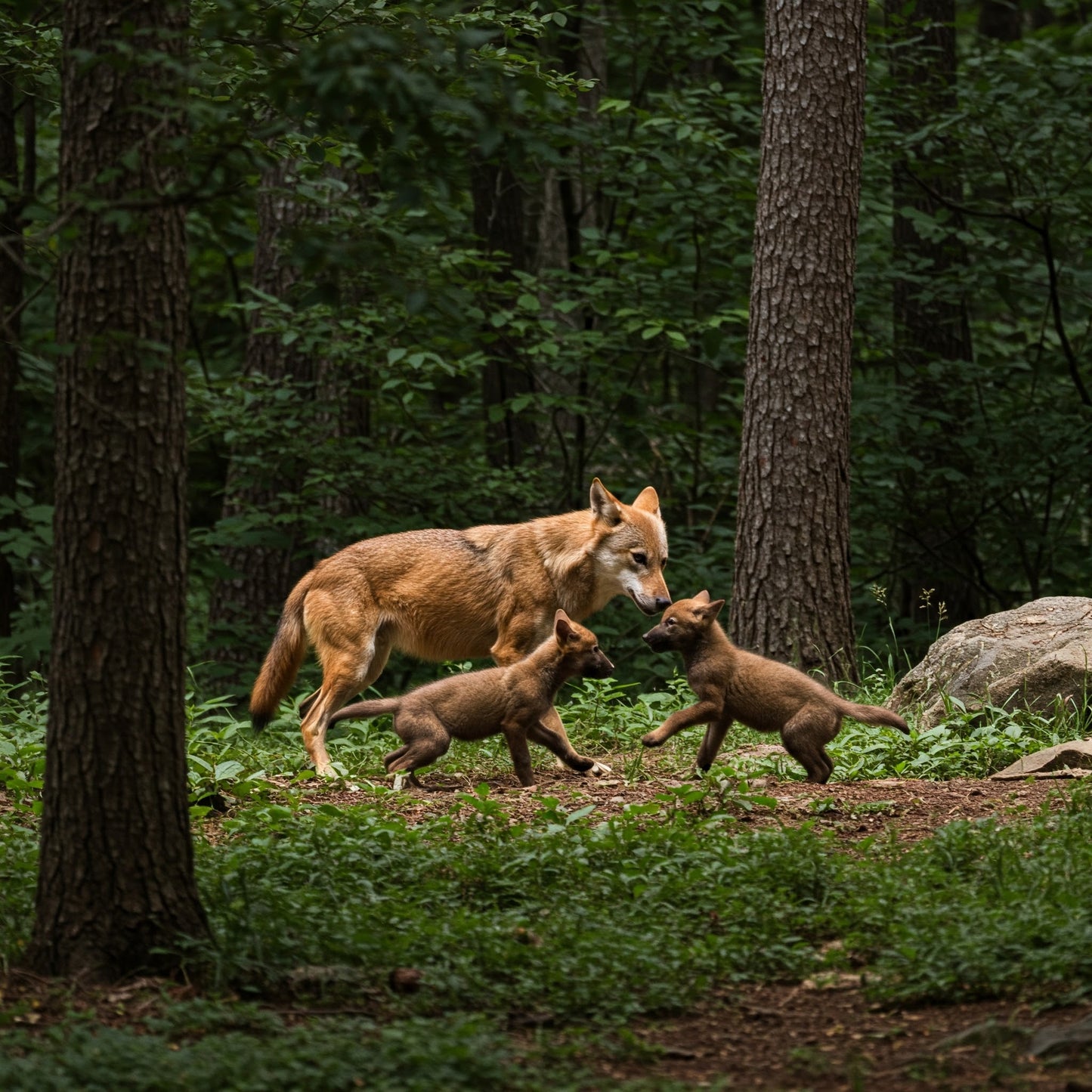 Red Wolf with two pups.