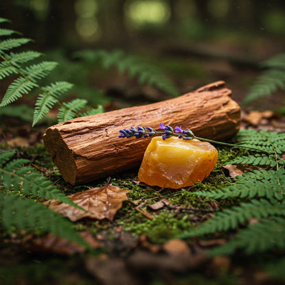 Cedarwood, amber and lavender amidst green ferns in a forest setting.